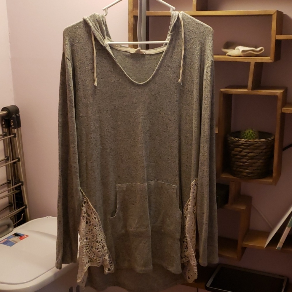 Gray Hooded Shirt with Lace on the Sides
